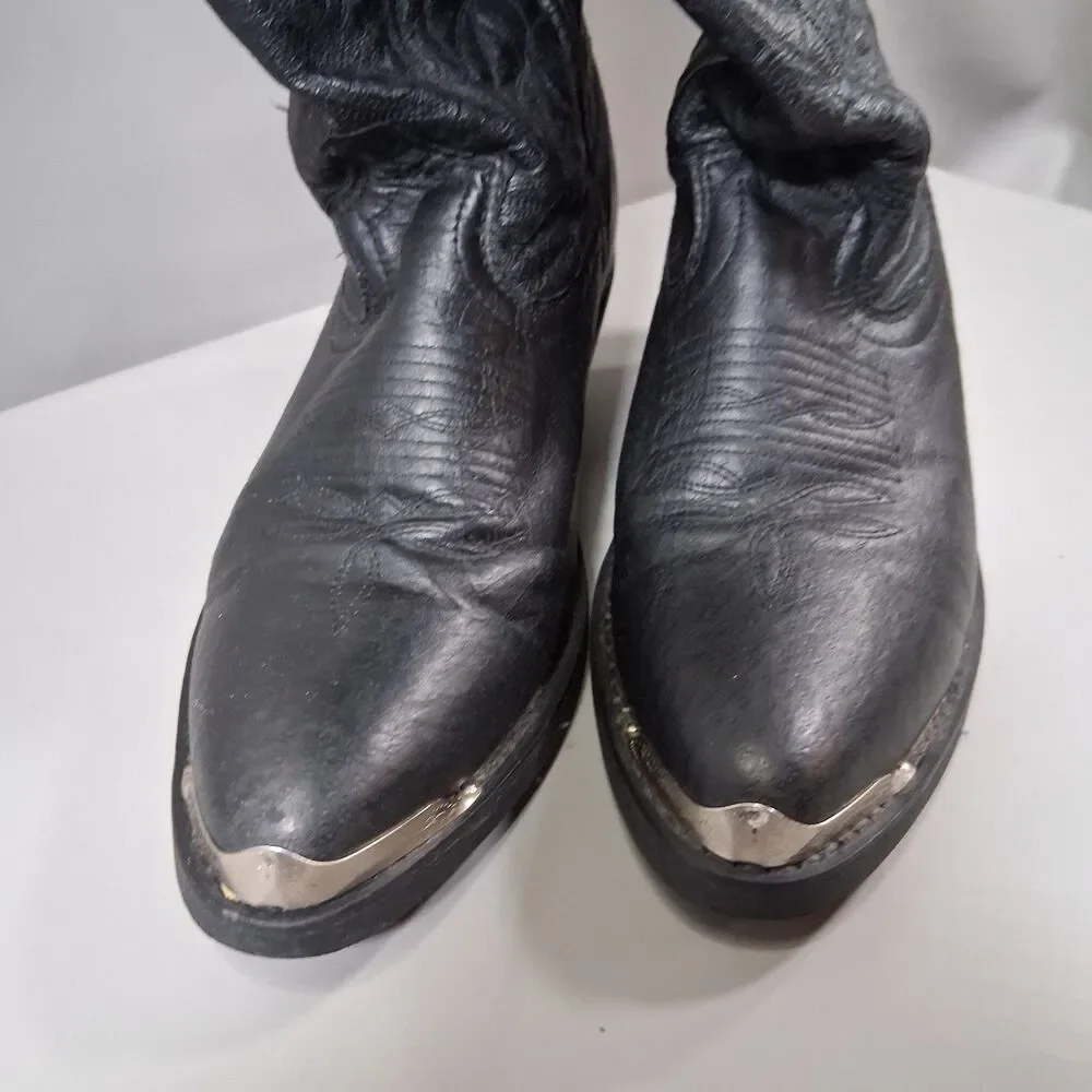 Laredo Black Leather Western Cowboy Boots  7 D Pointed Toe Silver Tip 68610 VTG